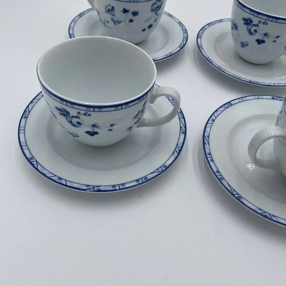 Laura Ahsley Cup Suacer Cereamic Set 4 Dishes Blue White Floral Cottage